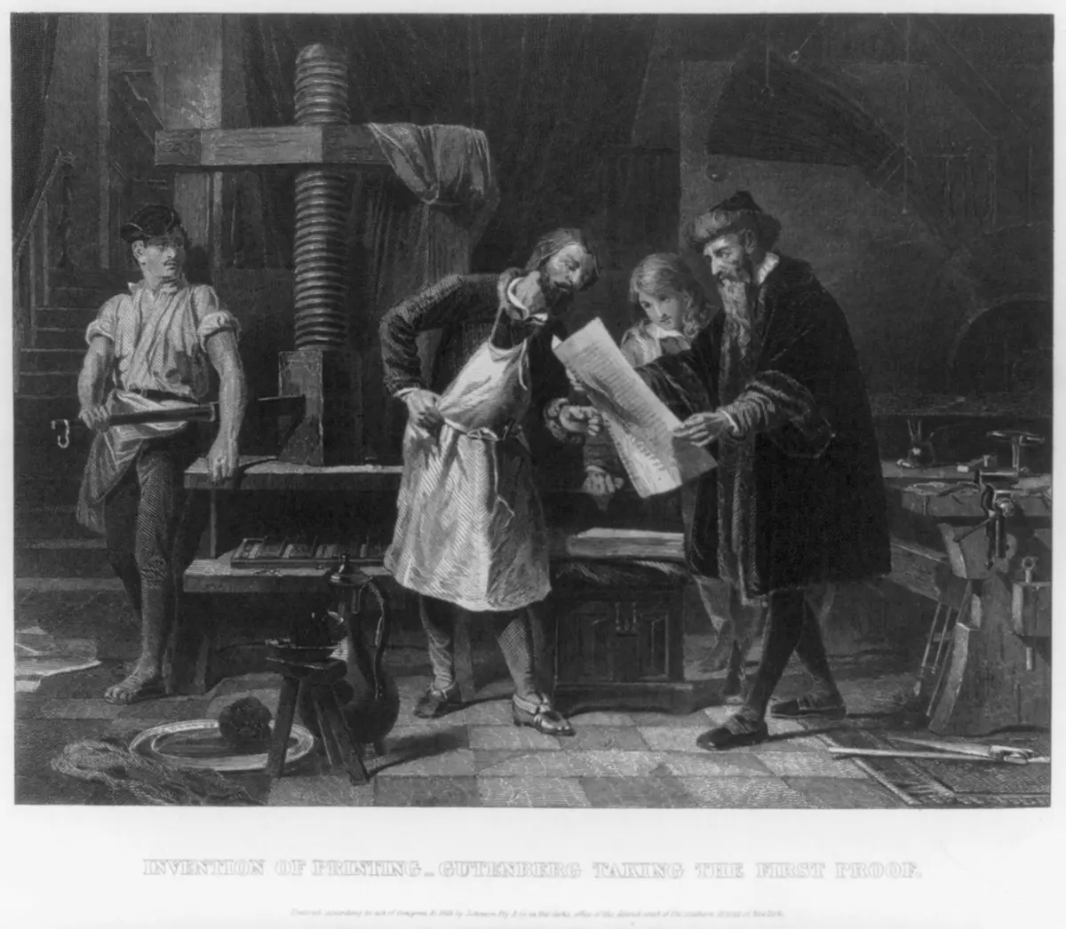 An engraving of Gutenberg and others examining a printed proof